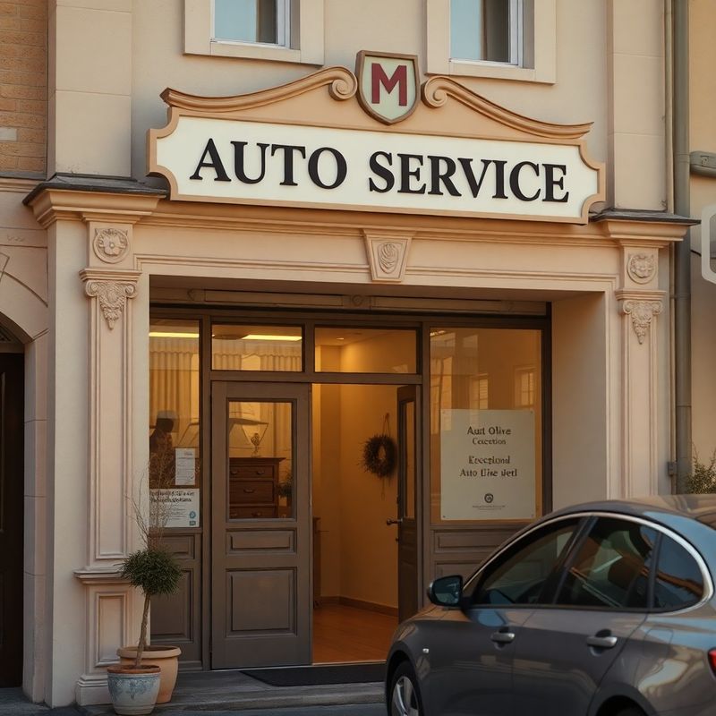 Vstup do recepce autoservisu s písčito-olivovou cedulí v teplém odpoledním světle