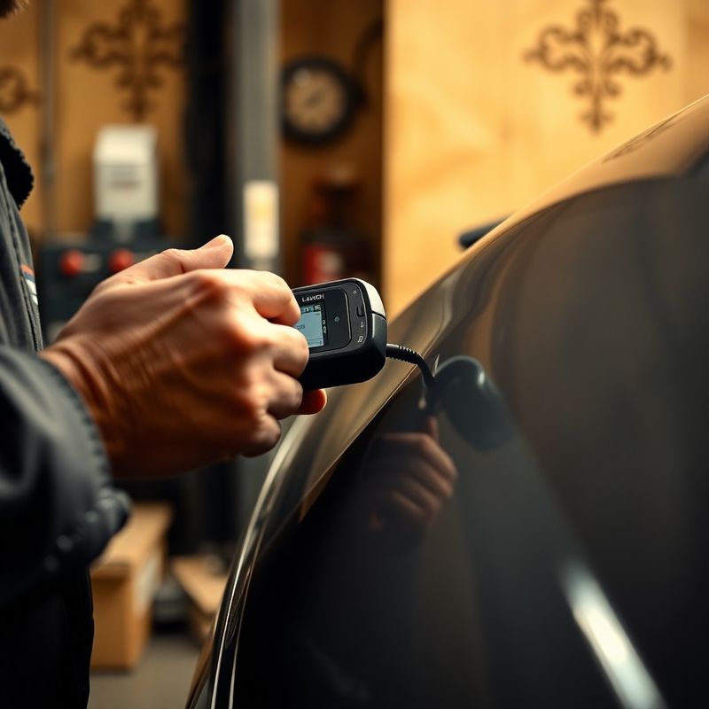 Detail rukou mechanika s diagnostickým skenerem LAUNCH připojeným k OBD portu vozu