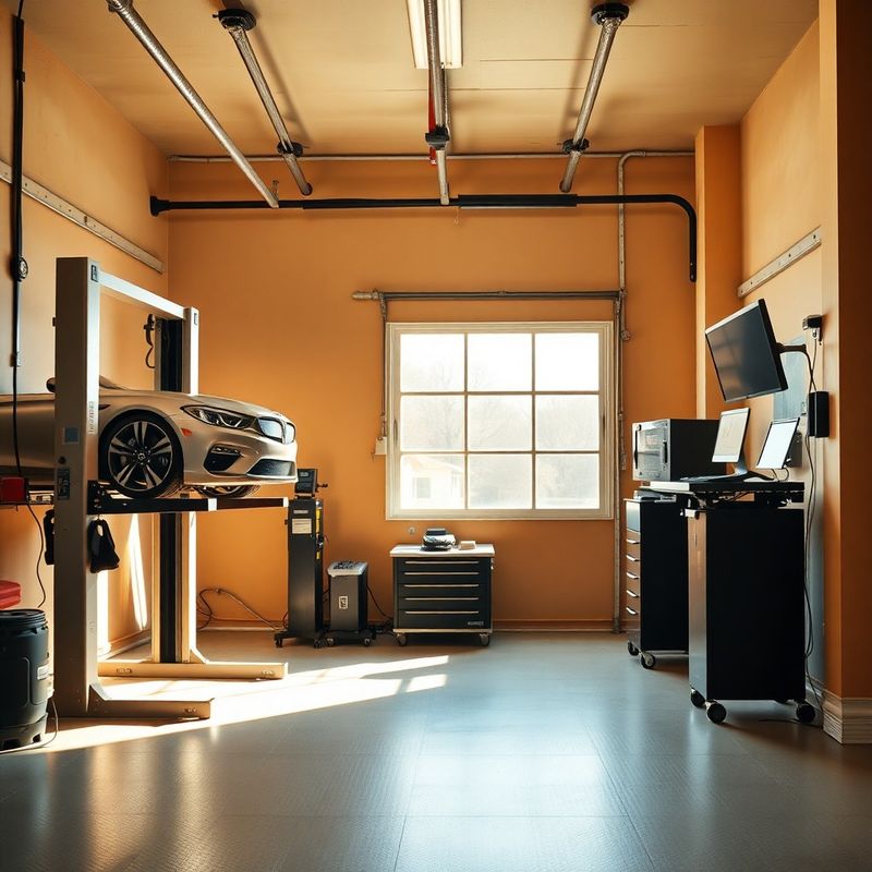 Moderní vybavení autoservisu — hydraulický zvedák, vyvažovačka kol a diagnostická stanice